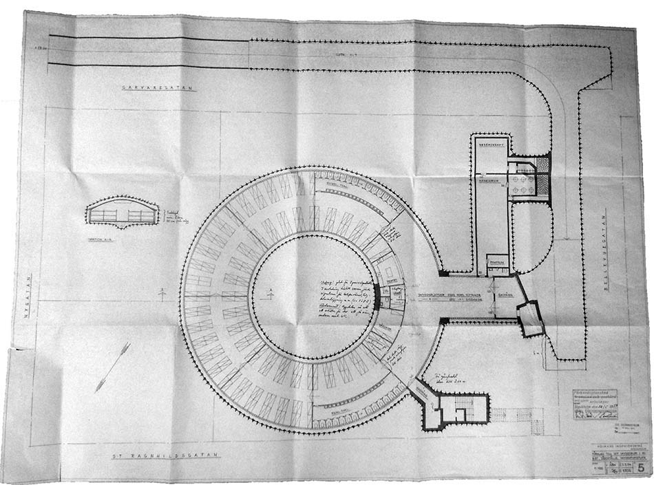 Förslag till offentligt skyddsrum i kv. Biet av Holmans ingeniörsbyrå i Stockholm (1954) Källa: Södertälje stadsarkiv.