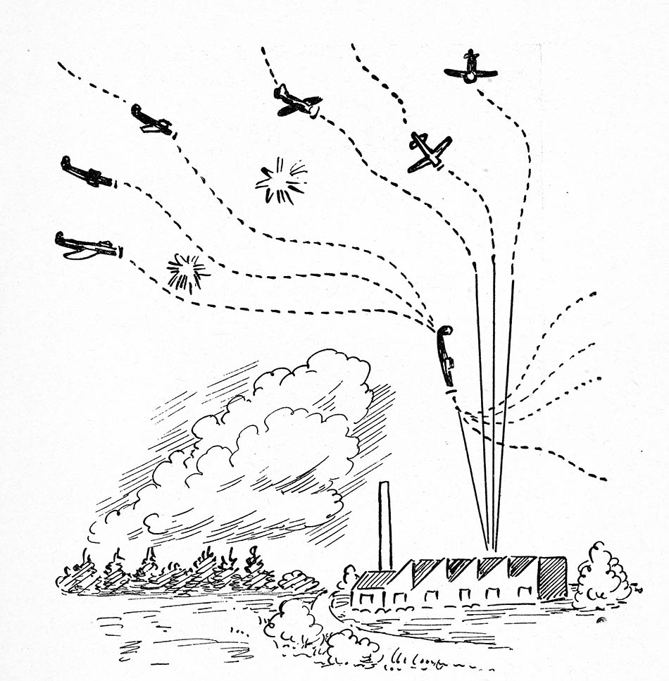 Teckningen visar hur störtbombfällning mot industri kan se ut. Källa: Riksluftskyddsförbundet (1943). 