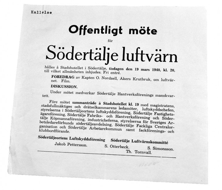 Källa: Södertälje stadsarkiv, Södertäljeortens luftvärnskommitté (1940).