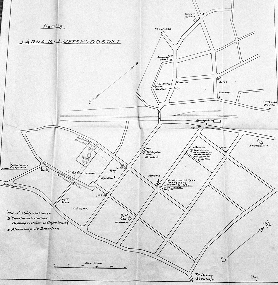 Luftskyddsorten i Järna Municipalsamhälle. Källa: Södertälje stadsarkiv, Överjärna kommun (1941).