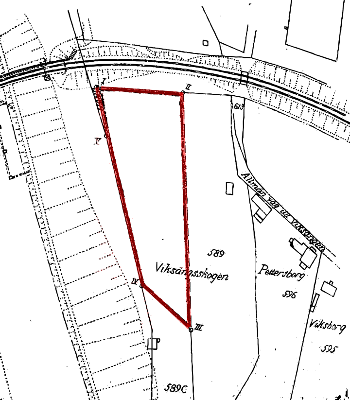 Den röda markeringen visar ytan som uppläts för luftvärnsändamål. Källa: Södertälje stadsarkiv, Byggnadskontoret (1939).