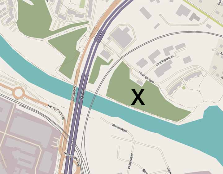 X=Platsen där ställningen var belägen. Kartunderlag: © OpenStreetMaps bidragsgivare.
