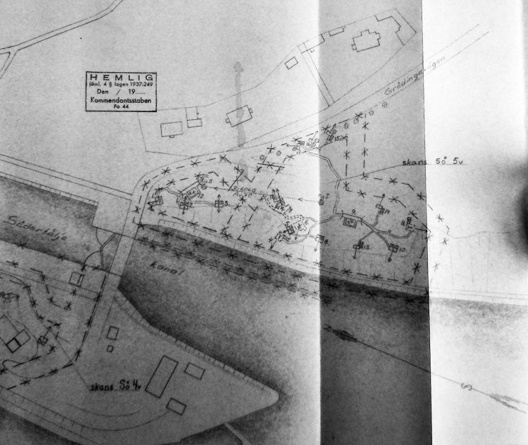 Kartan över skans Sö 5v visar den östra delen av slussens försvar. Klicka för att se den i ett större format. Källa: KrA, Stockholms försvarsområde (1954).