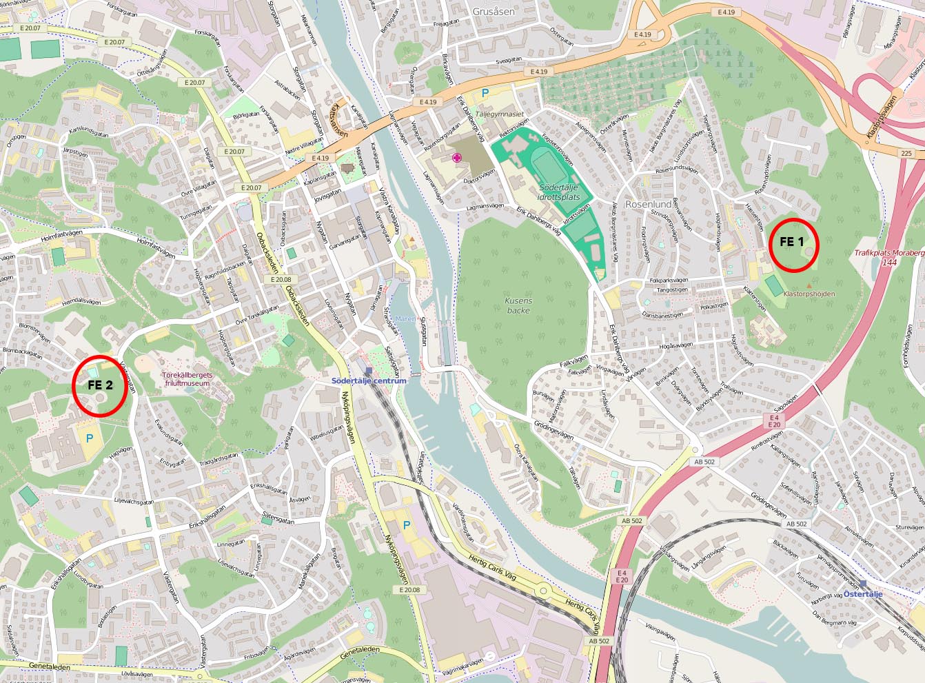 Kartan visar placeringen av FE 1 i Rosenlund och FE 2 i Västergård. Klicka för att se den i större format. Kartunderlag: © OpenStreetMaps bidragsgivare.