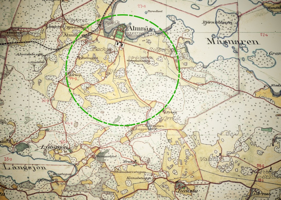 Utdrag ur Häradsekonomiska kartan 1901-06. med en markering där förläggningen skulle byggas. Källa: Lantmäteriet/historiska kartor.